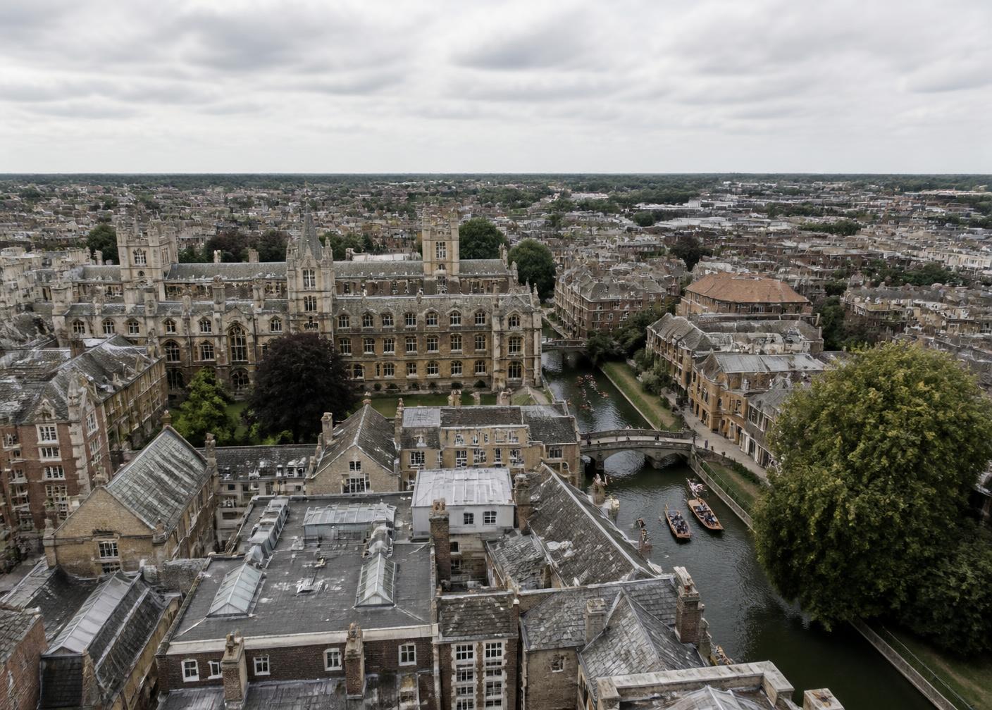 Aerial view across central Cambridge and the River Cam